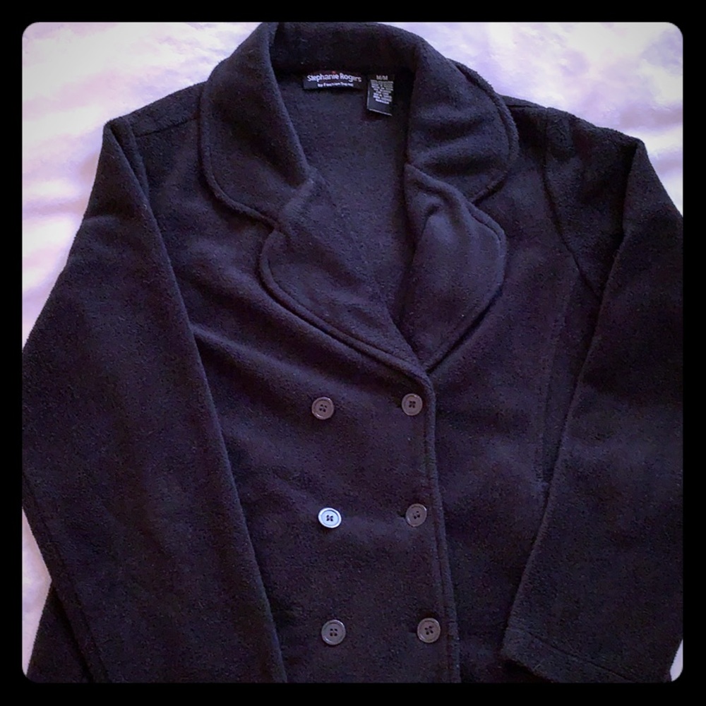Black fleece double breasted jacket. Size M.